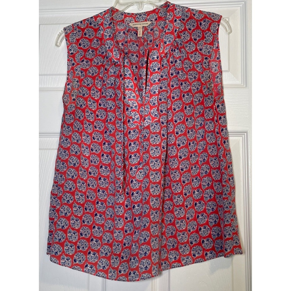 Rebecca Taylor Blouse Women Size 2 Red Silk Floral Sleeveless Tie Neck